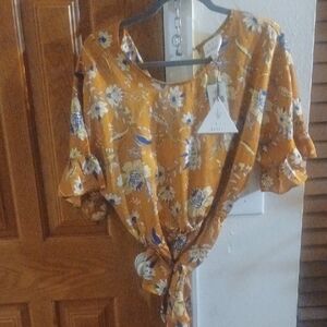 Lost + Wander Gold Puff Sleeve Tie Front Blouse